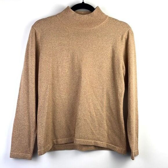 Jeanne Pierre Women's Lambswool Gold Metallic Heather Pullover Sweater Tan Med. - Picture 1 of 6